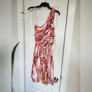 Elegant Pink and Brown One-Shoulder Dress